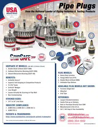 USA Industries GripSafe Pipe Plug Solutions — isolation and hydrostatic testing