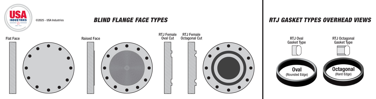 USA Industries Blind Flange Face Types with RTJ Gasket Views Illustration drawn by Mike Fuchsman