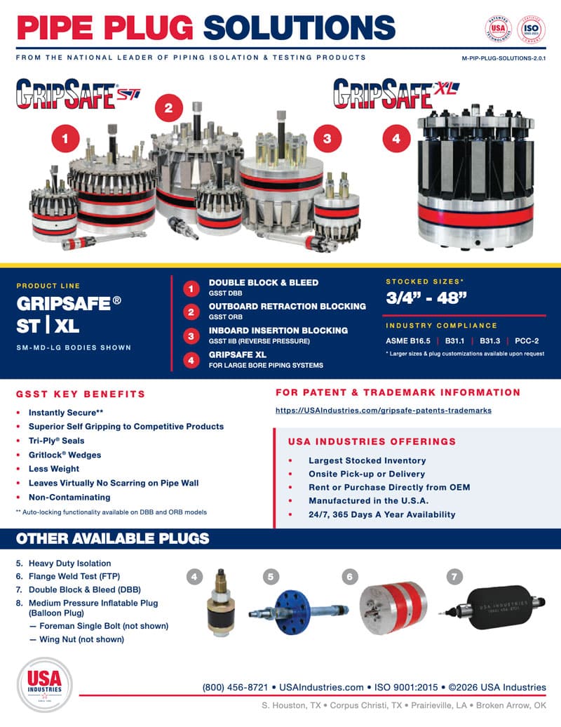 USA Industries GripSafe pipe plug solutions for isolation and hydrostatic testing