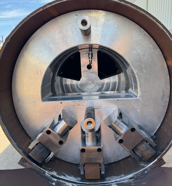 Rear view of the custom testing plug installed inside the pipe