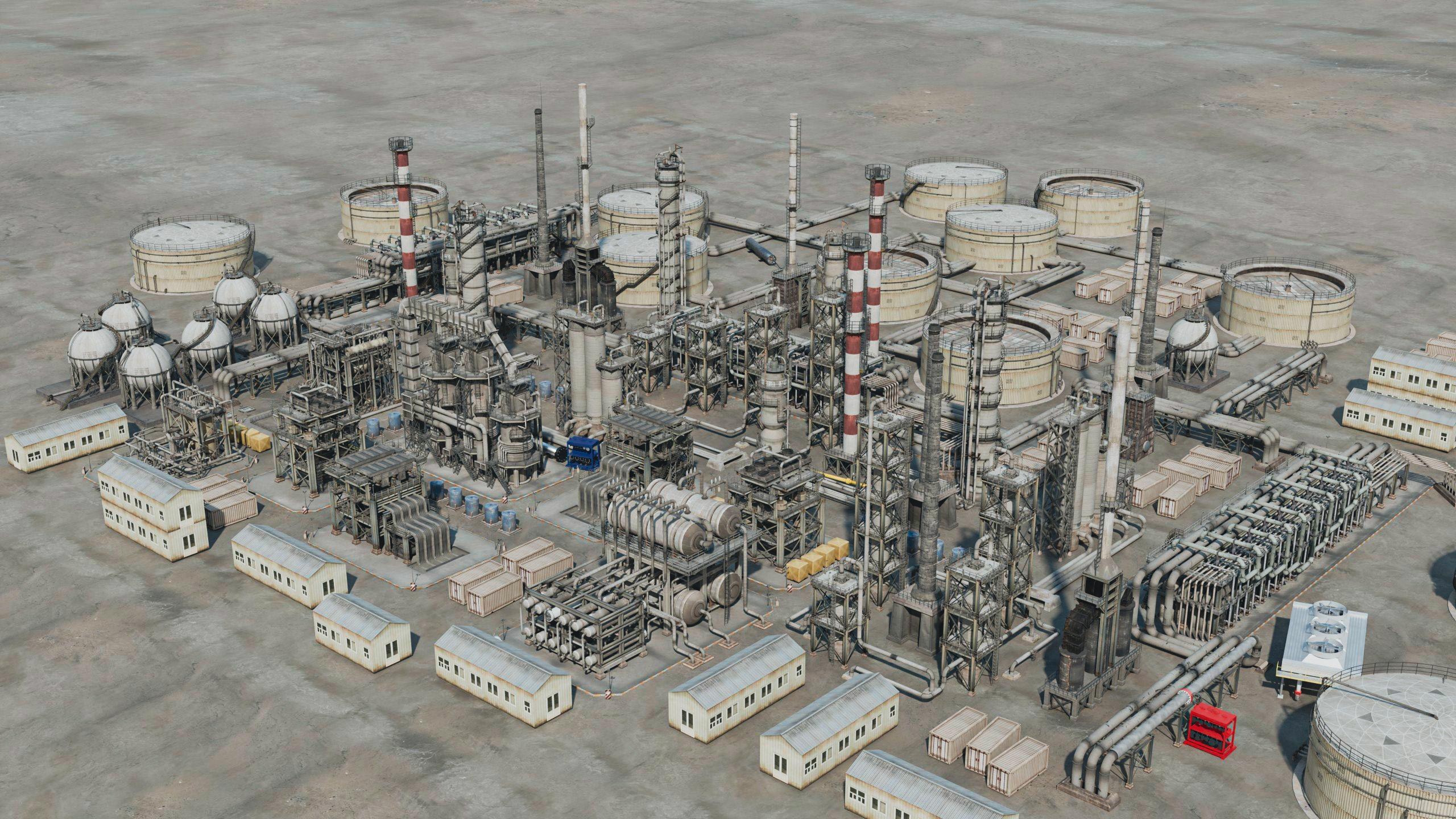 Aerial view of a refinery with process units, storage tanks, stacks, and pipe racks