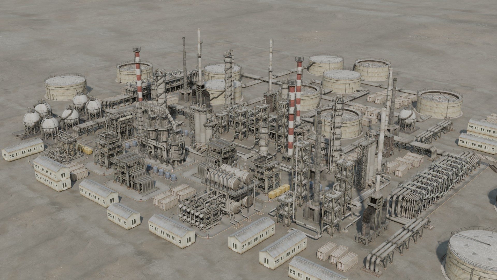 Aerial view of a refinery with process units, storage tanks, stacks, and pipe racks